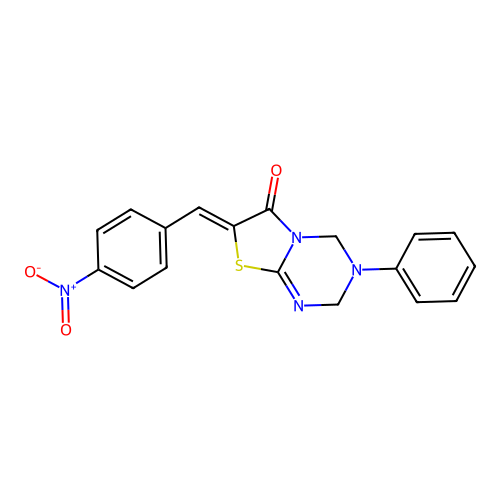 (Z)-7-(4-nitrobenzylidene)-3-phenyl-3,4-dihydro-2H-thiazolo[3,2-a][1,3,5]triazin-6(7H)-one structure