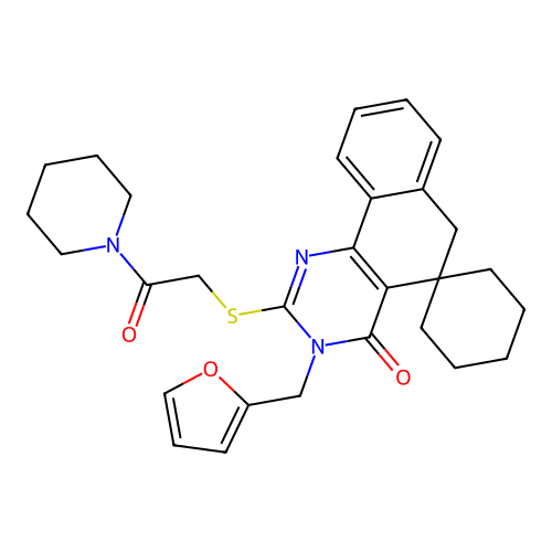 3-(furan-2-ylmethyl)-2-((2-oxo-2-(piperidin-1-yl)ethyl)thio)-3H-spiro[benzo[h]quinazoline-5,1'-cyclohexan]-4(6H)-one structure