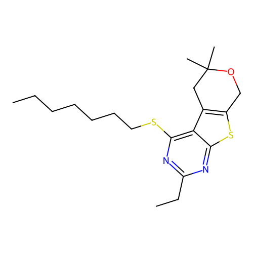 2-ethyl-4-(heptylsulfanyl)-6,6-dimethyl-5,8-dihydro-6H-pyrano[4',3':4,5]thieno[2,3-d]pyrimidine structure