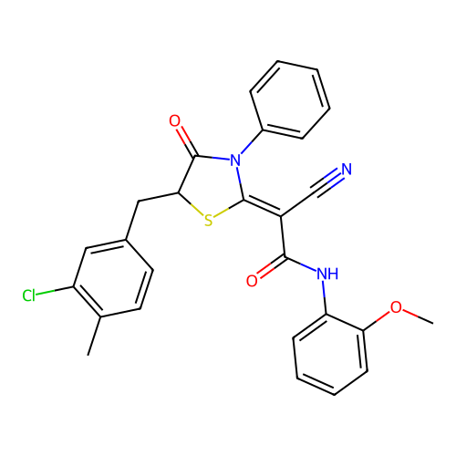(2Z)-2-[5-(3-chloro-4-methylbenzyl)-4-oxo-3-phenyl-1,3-thiazolidin-2-ylidene]-2-cyano-N-(2-methoxyphenyl)ethanamide structure