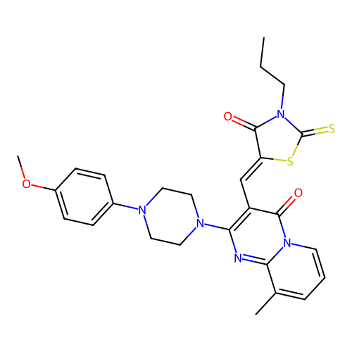 2-[4-(4-methoxyphenyl)piperazin-1-yl]-9-methyl-3-[(Z)-(4-oxo-3-propyl-2-thioxo-1,3-thiazolidin-5-ylidene)methyl]-4H-pyrido[1,2-a]pyrimidin-4-one structure
