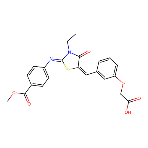 (3-{(E)-[(2E)-3-ethyl-2-{[4-(methoxycarbonyl)phenyl]imino}-4-oxo-1,3-thiazolidin-5-ylidene]methyl}phenoxy)acetic acid structure