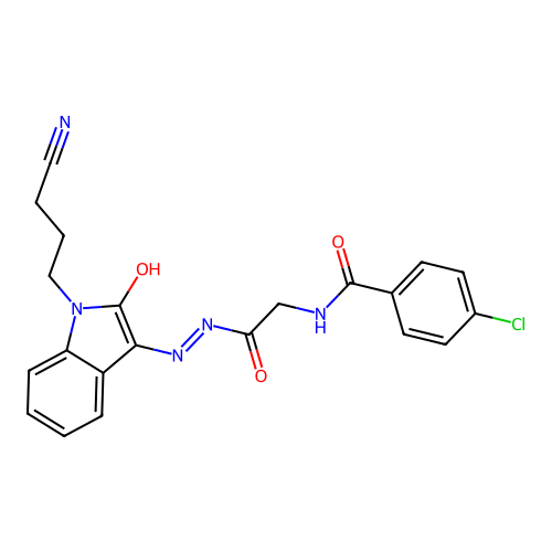 4-chloro-N-[[[1-(3-cyanopropyl)-2-oxo-indol-3-ylidene]amino]carbamoylmethyl]benzamide structure