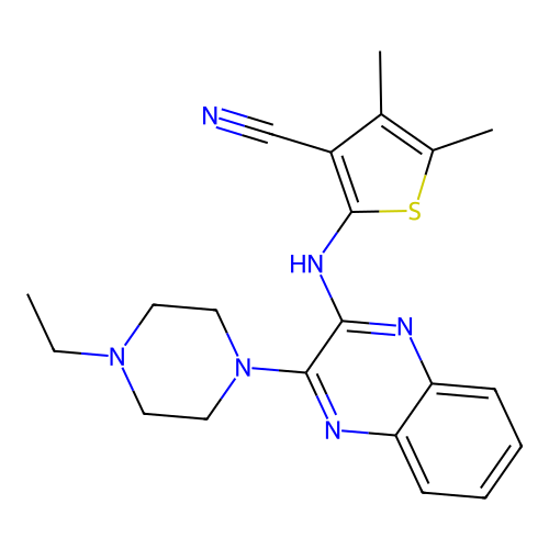 2-((3-(4-ethylpiperazin-1-yl)quinoxalin-2-yl)amino)-4,5-dimethylthiophene-3-carbonitrile structure
