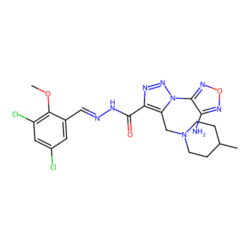 (E)-1-(4-amino-1,2,5-oxadiazol-3-yl)-N'-(3,5-dichloro-2-methoxybenzylidene)-5-((4-methylpiperidin-1-yl)methyl)-1H-1,2,3-triazole-4-carbohydrazide structure