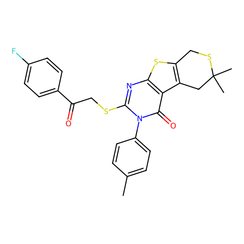 2-((2-(4-fluorophenyl)-2-oxoethyl)thio)-6,6-dimethyl-3-(p-tolyl)-5,6-dihydro-3H-thiopyrano[4',3':4,5]thieno[2,3-d]pyrimidin-4(8H)-one structure