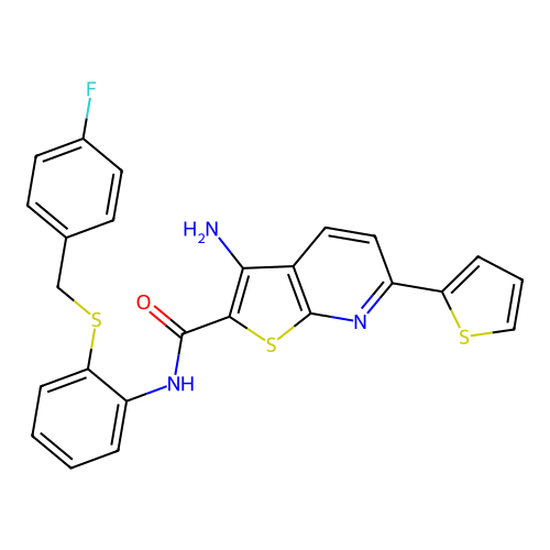 3-amino-N-(2-((4-fluorobenzyl)thio)phenyl)-6-(thiophen-2-yl)thieno[2,3-b]pyridine-2-carboxamide structure