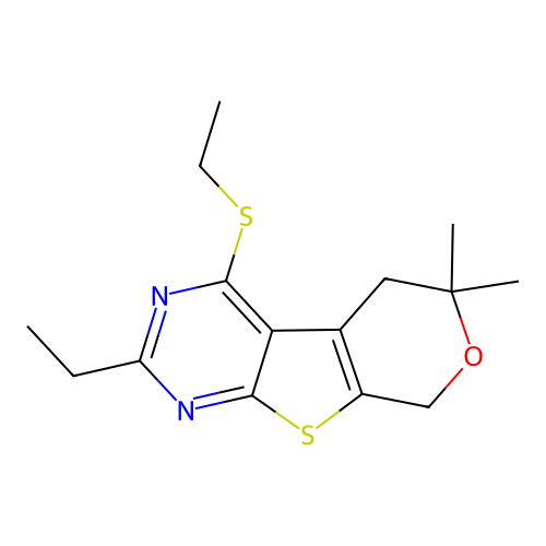 2-ethyl-4-(ethylsulfanyl)-6,6-dimethyl-5,8-dihydro-6H-pyrano[4',3':4,5]thieno[2,3-d]pyrimidine structure