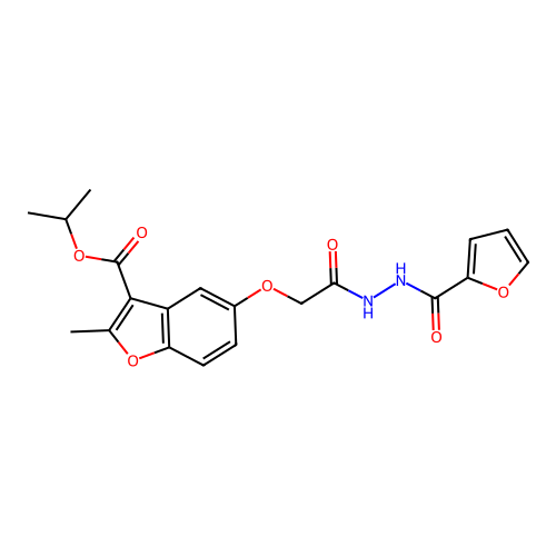 isopropyl 5-(2-(2-(furan-2-carbonyl)hydrazinyl)-2-oxoethoxy)-2-methylbenzofuran-3-carboxylate structure