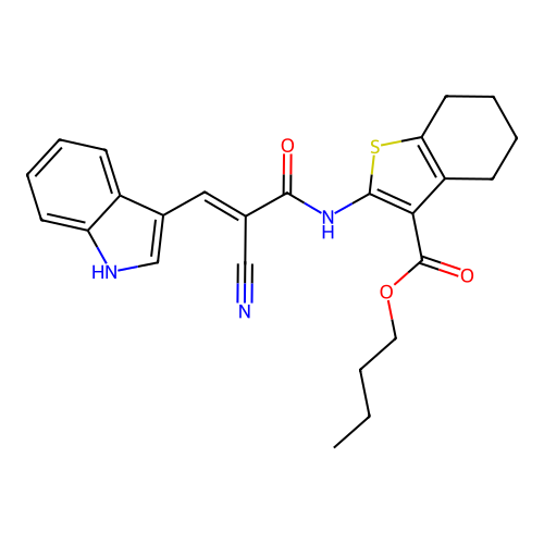(E)-butyl 2-(2-cyano-3-(1H-indol-3-yl)acrylamido)-4,5,6,7-tetrahydrobenzo[b]thiophene-3-carboxylate structure