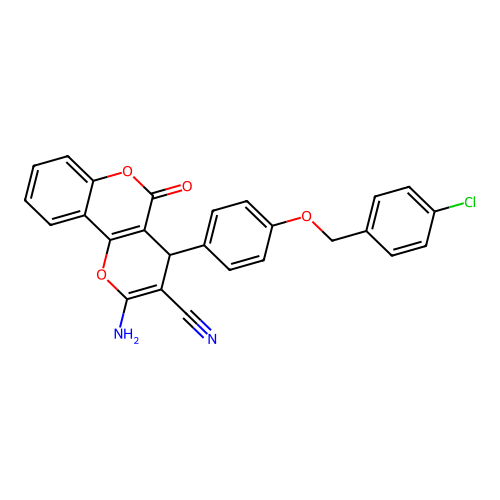 2-amino-4-(4-((4-chlorobenzyl)oxy)phenyl)-5-oxo-4,5-dihydropyrano[3,2-c]chromene-3-carbonitrile structure