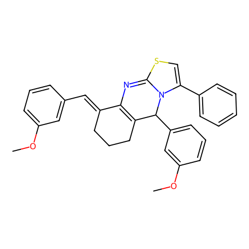(9E)-5-(3-methoxyphenyl)-9-[(3-methoxyphenyl)methylidene]-3-phenyl-5,6,7,8-tetrahydro-[1,3]thiazolo[2,3-b]quinazoline structure