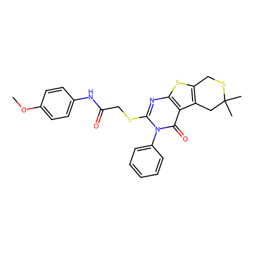 2-((6,6-dimethyl-4-oxo-3-phenyl-4,5,6,8-tetrahydro-3H-thiopyrano[4',3':4,5]thieno[2,3-d]pyrimidin-2-yl)thio)-N-(4-methoxyphenyl)acetamide structure