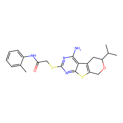 2-((4-amino-6-isopropyl-6,8-dihydro-5H-pyrano[4',3':4,5]thieno[2,3-d]pyrimidin-2-yl)thio)-N-(o-tolyl)acetamide structure