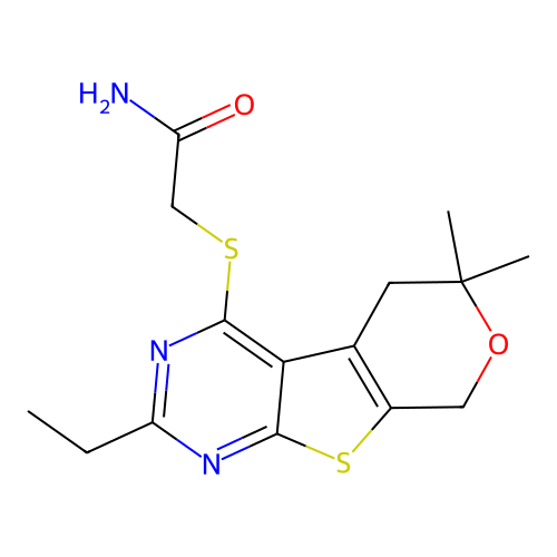 2-((2-ethyl-6,6-dimethyl-6,8-dihydro-5H-pyrano[4',3':4,5]thieno[2,3-d]pyrimidin-4-yl)thio)acetamide structure