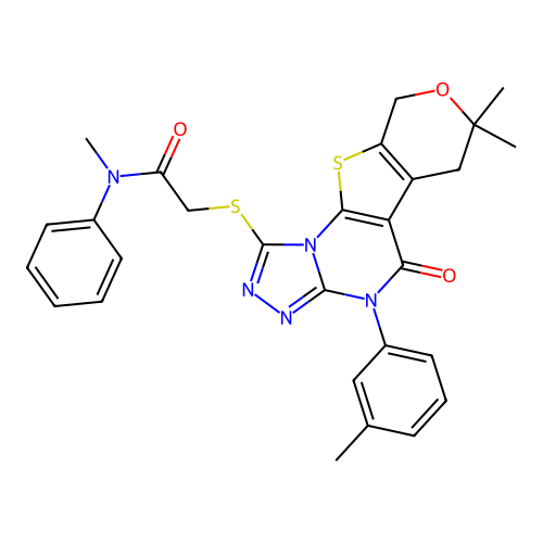 2-((7,7-dimethyl-5-oxo-4-(m-tolyl)-5,6,7,9-tetrahydro-4H-pyrano[4',3':4,5]thieno[3,2-e][1,2,4]triazolo[4,3-a]pyrimidin-1-yl)thio)-N-methyl-N-phenylacetamide structure