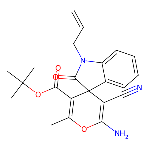 tert-butyl 6'-amino-5'-cyano-2'-methyl-2-oxo-1-(prop-2-en-1-yl)-1,2-dihydrospiro[indole-3,4'-pyran]-3'-carboxylate structure