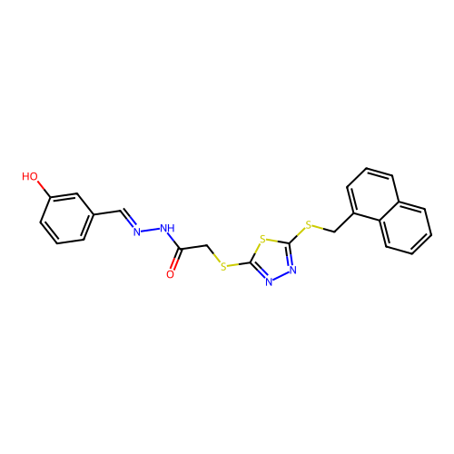 (E)-N'-(3-hydroxybenzylidene)-2-((5-((naphthalen-1-ylmethyl)thio)-1,3,4-thiadiazol-2-yl)thio)acetohydrazide structure