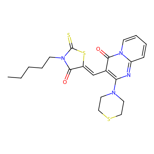 (5Z)-5-[(4-oxo-2-thiomorpholin-4-ylpyrido[1,2-a]pyrimidin-3-yl)methylidene]-3-pentyl-2-sulfanylidene-1,3-thiazolidin-4-one structure