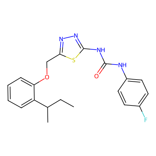 1-(5-{[2-(butan-2-yl)phenoxy]methyl}-1,3,4-thiadiazol-2-yl)-3-(4-fluorophenyl)urea structure