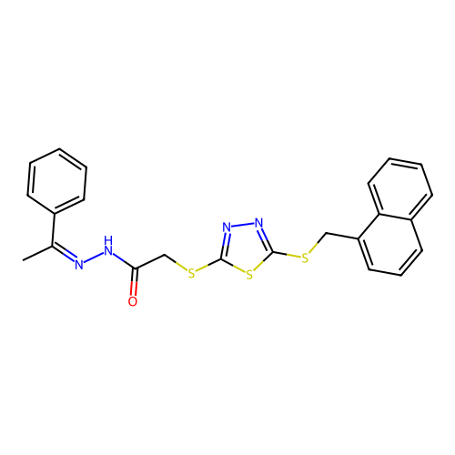 2-[[5-(naphthalen-1-ylmethylsulfanyl)-1,3,4-thiadiazol-2-yl]sulfanyl]-N-[(E)-1-phenylethylideneamino]acetamide structure