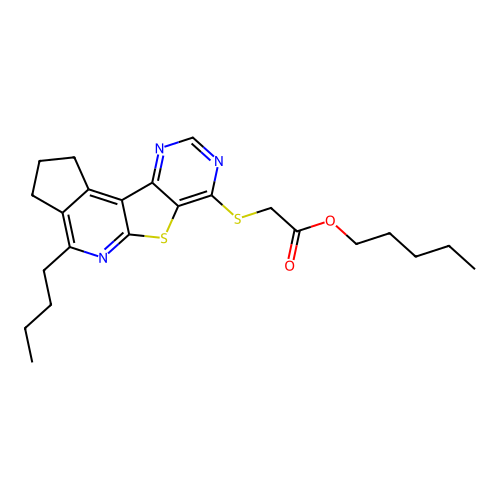 pentyl [(4-butyl-2,3-dihydro-1H-cyclopenta[4',5']pyrido[3',2':4,5]thieno[3,2-d]pyrimidin-7-yl)sulfanyl]acetate structure