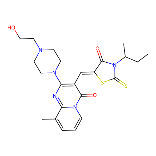 3-{(Z)-[3-(butan-2-yl)-4-oxo-2-thioxo-1,3-thiazolidin-5-ylidene]methyl}-2-[4-(2-hydroxyethyl)piperazin-1-yl]-9-methyl-4H-pyrido[1,2-a]pyrimidin-4-one structure