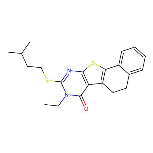 8-ethyl-9-(isopentylthio)-5,6-dihydronaphtho[2',1':4,5]thieno[2,3-d]pyrimidin-7(8H)-one structure