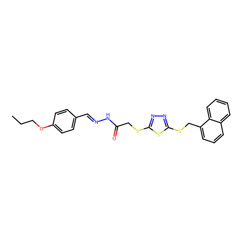 2-({5-[(naphthalen-1-ylmethyl)sulfanyl]-1,3,4-thiadiazol-2-yl}sulfanyl)-N'-[(E)-(4-propoxyphenyl)methylidene]acetohydrazide structure