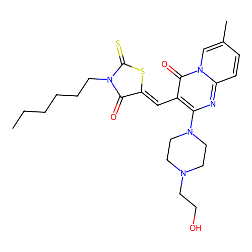 3-[(Z)-(3-hexyl-4-oxo-2-thioxo-1,3-thiazolidin-5-ylidene)methyl]-2-[4-(2-hydroxyethyl)piperazin-1-yl]-7-methyl-4H-pyrido[1,2-a]pyrimidin-4-one structure