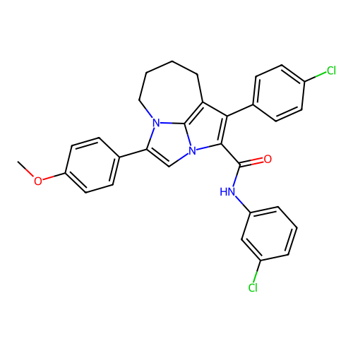N-(3-chlorophenyl)-1-(4-chlorophenyl)-4-(4-methoxyphenyl)-5,6,7,8-tetrahydro-2a,4a-diazacyclopenta[cd]azulene-2-carboxamide structure