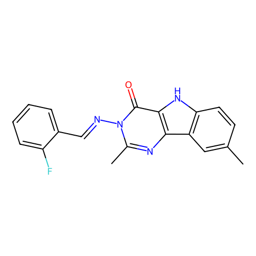 (E)-3-((2-fluorobenzylidene)amino)-2,8-dimethyl-3H-pyrimido[5,4-b]indol-4(5H)-one structure