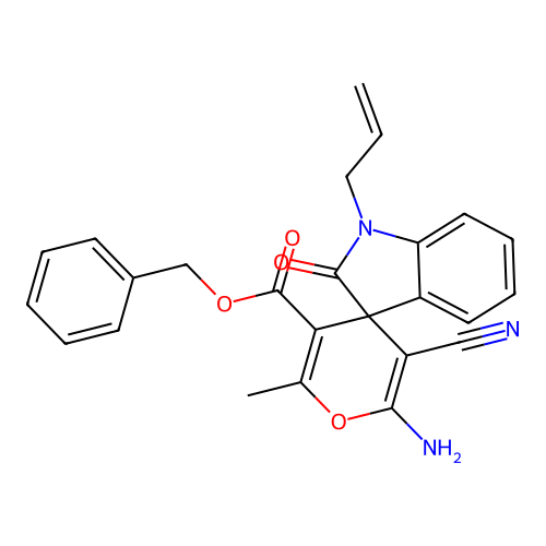 benzyl 6'-amino-5'-cyano-2'-methyl-2-oxo-1-(prop-2-en-1-yl)-1,2-dihydrospiro[indole-3,4'-pyran]-3'-carboxylate structure