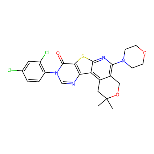 9-(2,4-dichlorophenyl)-2,2-dimethyl-5-(morpholin-4-yl)-1,4-dihydro-2H-pyrano[4'',3'':4',5']pyrido[3',2':4,5]thieno[3,2-d]pyrimidin-8(9H)-one structure