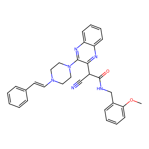 2-cyano-N-(2-methoxybenzyl)-2-(3-{4-[(E)-2-phenylethenyl]piperazin-1-yl}quinoxalin-2-yl)acetamide structure