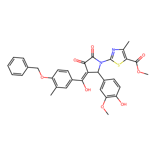 methyl 2-(3-(4-(benzyloxy)-3-methylbenzoyl)-4-hydroxy-2-(4-hydroxy-3-methoxyphenyl)-5-oxo-2,5-dihydro-1H-pyrrol-1-yl)-4-methylthiazole-5-carboxylate structure