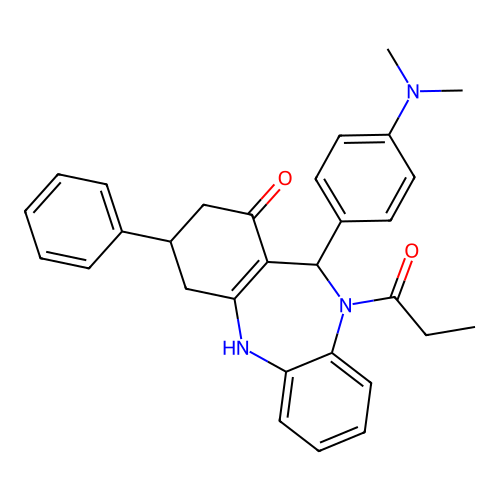 1-{11-[4-(dimethylamino)phenyl]-1-hydroxy-3-phenyl-2,3,4,11-tetrahydro-10H-dibenzo[b,e][1,4]diazepin-10-yl}propan-1-one structure