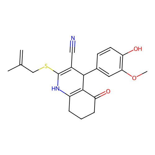 4-(4-hydroxy-3-methoxyphenyl)-2-((2-methylallyl)thio)-5-oxo-1,4,5,6,7,8-hexahydroquinoline-3-carbonitrile structure