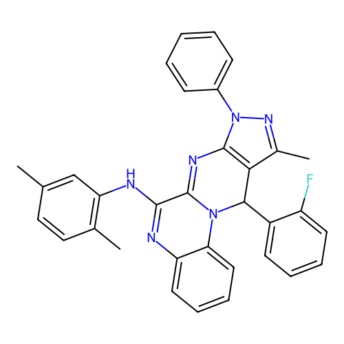 N-(2,5-dimethylphenyl)-11-(2-fluorophenyl)-10-methyl-8-phenyl-8,11-dihydropyrazolo[3',4':4,5]pyrimido[1,2-a]quinoxalin-6-amine structure