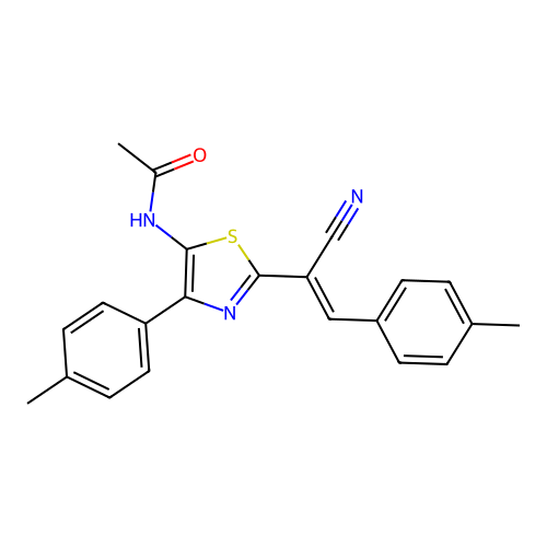 (E)-N-(2-(1-cyano-2-(p-tolyl)vinyl)-4-(p-tolyl)thiazol-5-yl)acetamide structure