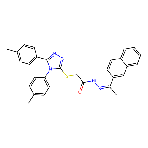 (Z)-2-((4,5-di-p-tolyl-4H-1,2,4-triazol-3-yl)thio)-N'-(1-(naphthalen-2-yl)ethylidene)acetohydrazide structure