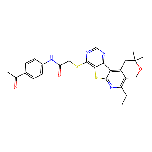 N-(4-acetylphenyl)-2-((5-ethyl-2,2-dimethyl-2,4-dihydro-1H-pyrano[4'',3'':4',5']pyrido[3',2':4,5]thieno[3,2-d]pyrimidin-8-yl)thio)acetamide structure
