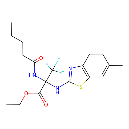 ethyl 3,3,3-trifluoro-2-[(6-methyl-1,3-benzothiazol-2-yl)amino]-2-(pentanoylamino)propanoate structure