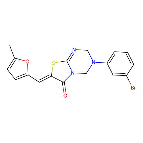 (Z)-3-(3-bromophenyl)-7-((5-methylfuran-2-yl)methylene)-3,4-dihydro-2H-thiazolo[3,2-a][1,3,5]triazin-6(7H)-one structure
