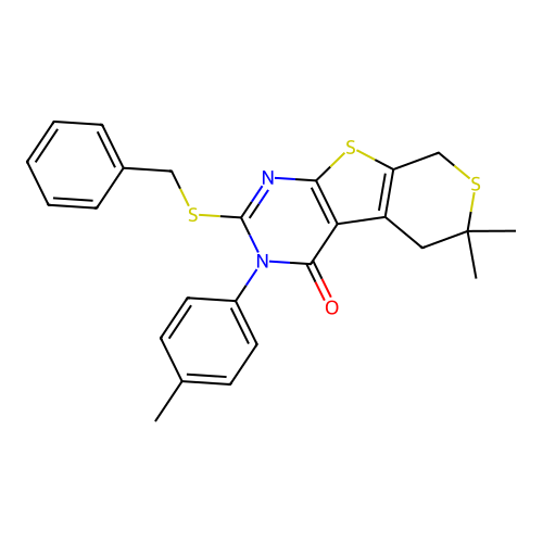 2-(benzylsulfanyl)-6,6-dimethyl-3-(4-methylphenyl)-3,5,6,8-tetrahydro-4H-thiopyrano[4',3':4,5]thieno[2,3-d]pyrimidin-4-one structure