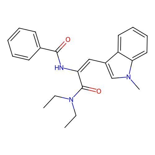 (E)-N-(3-(diethylamino)-1-(1-methyl-1H-indol-3-yl)-3-oxoprop-1-en-2-yl)benzamide structure