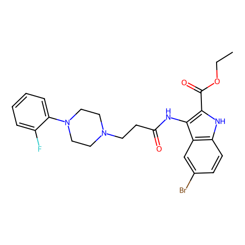Ethyl 5-bromo-3-[3-[4-(2-fluorophenyl)piperazin-1-yl]propanoylamino]-1H-indole-2-carboxylate structure