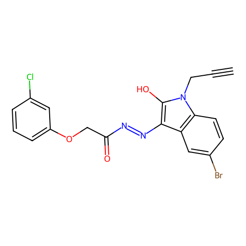 N'-[(3E)-5-bromo-2-oxo-1-(prop-2-yn-1-yl)-1,2-dihydro-3H-indol-3-ylidene]-2-(3-chlorophenoxy)acetohydrazide structure