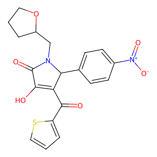 (4E)-4-[hydroxy(thiophen-2-yl)methylidene]-5-(4-nitrophenyl)-1-(tetrahydrofuran-2-ylmethyl)pyrrolidine-2,3-dione structure