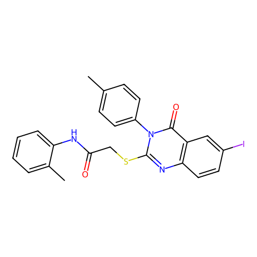 2-((6-iodo-4-oxo-3-(p-tolyl)-3,4-dihydroquinazolin-2-yl)thio)-N-(o-tolyl)acetamide structure